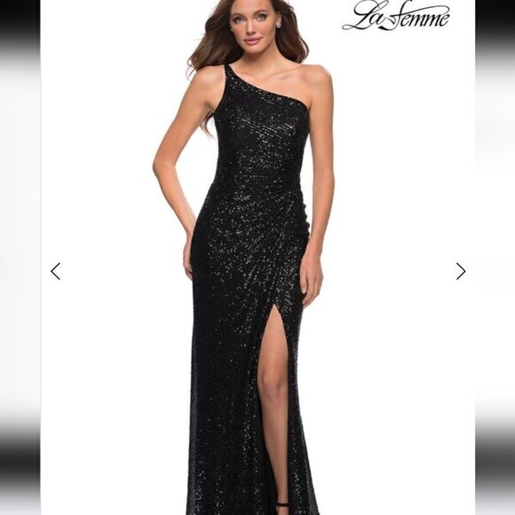 NWT LA FEMME black Sequin One shoulder Gown - Picture 2 of 10